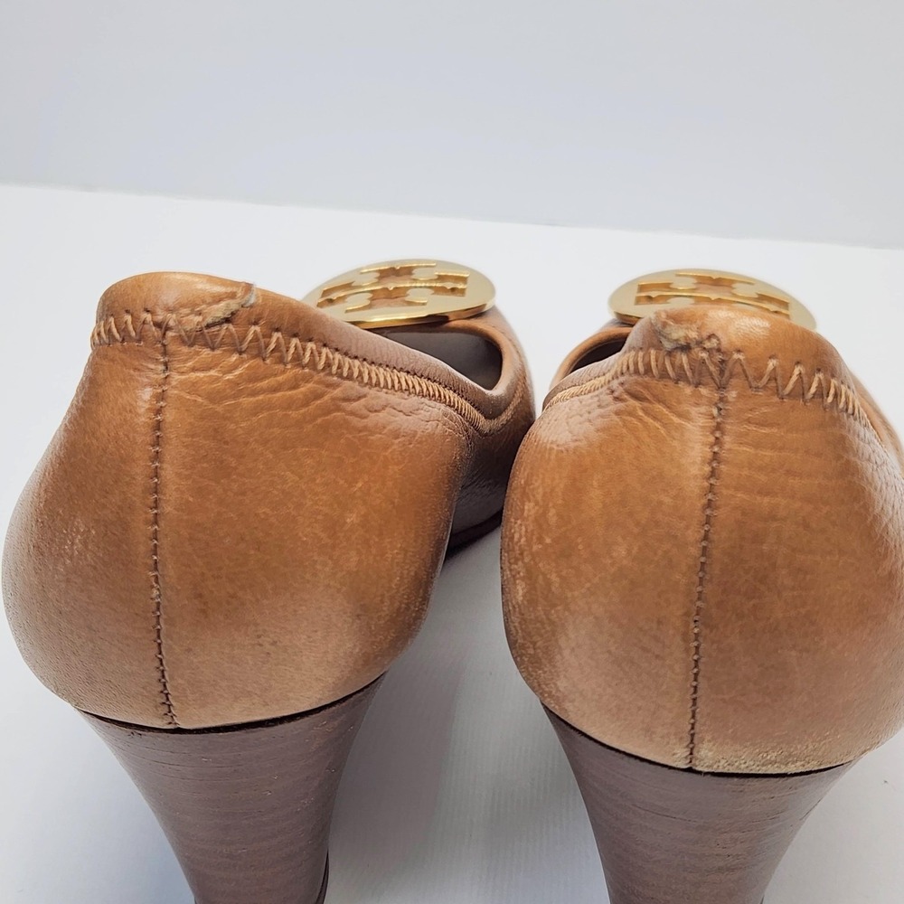 Tory Burch Shoes Womens Size 9** Brown Leather Peep Toe Wedge Logo Pumps - Picture 11 of 15